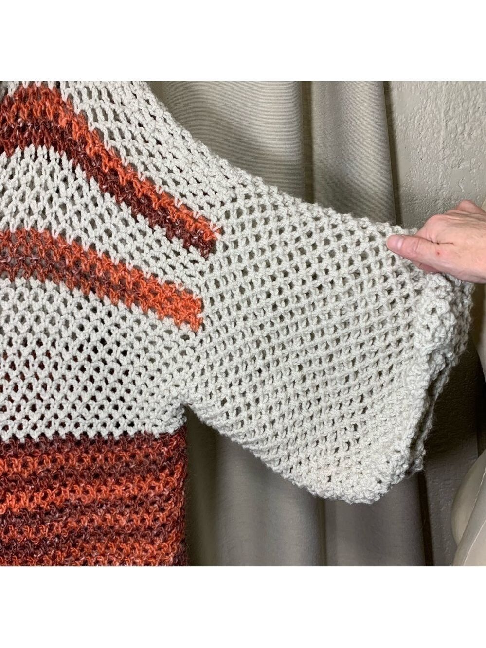 Handmade Chunky Heavy Knit Cardigan Sweater Beige Rust Brown Boho Slouchy O/S - Picture 5 of 9